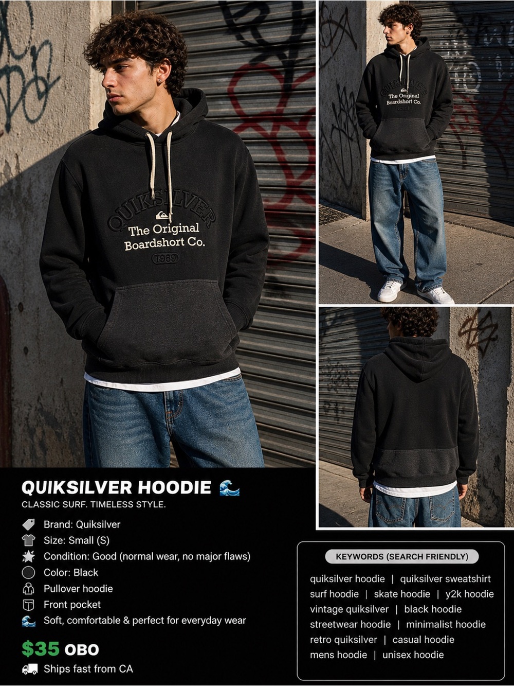 Quiksilver Hoodie Black Surf Skate Y2K Streetwear Size S Clean